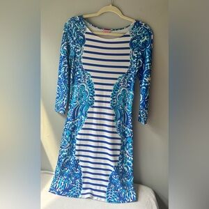 Lilly Pulitzer Nila Dress Blue Moon Jellies Floral Stripes 3/4 sleeve Dress XS